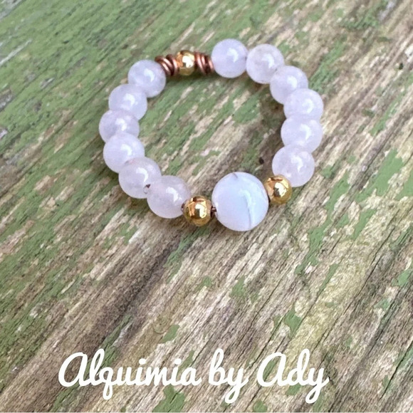 Pink Quartz white opal beaded handmade dainty ring band - Picture 2 of 8